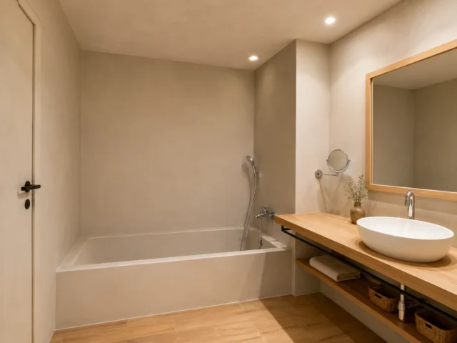 Baño con revestimiento beige, lavabo y mobiliario de madera