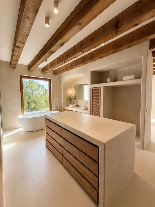 Baño en tonos arena con bañera exenta y revestimientos continuos
