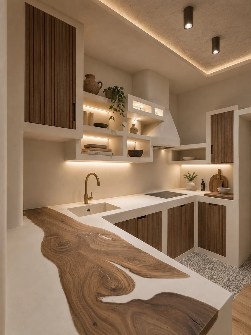 Cocina con hornacinas iluminadas y mobiliario de madera