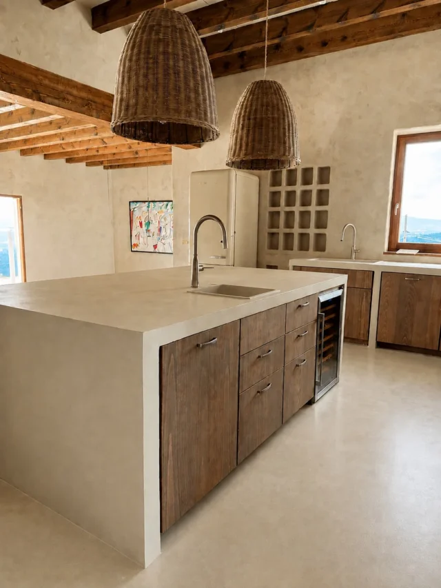 Revestimientos decorativos a medida en cocina con isla y mobiliario de madera