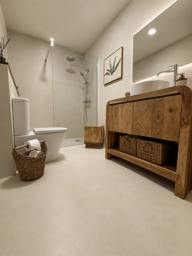 Baño con mueble de madera y acabado en tonos arena