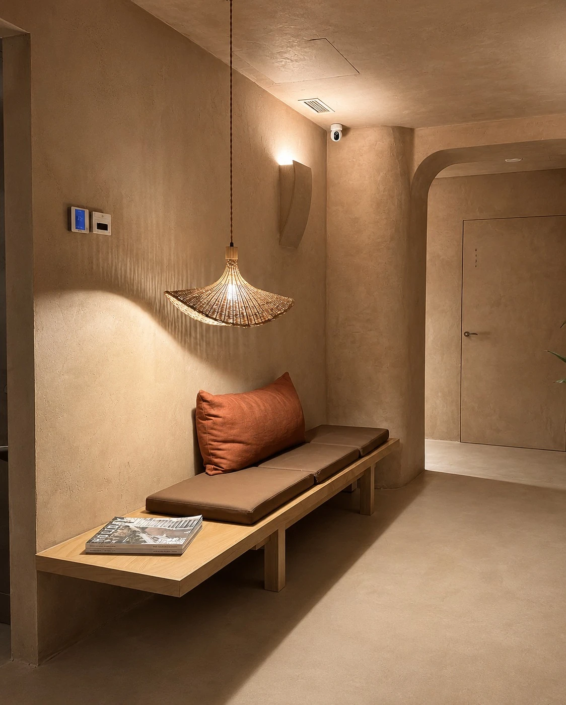 Revestimientos decorativos a medida en recibidor de tonos tierra con banco integrado