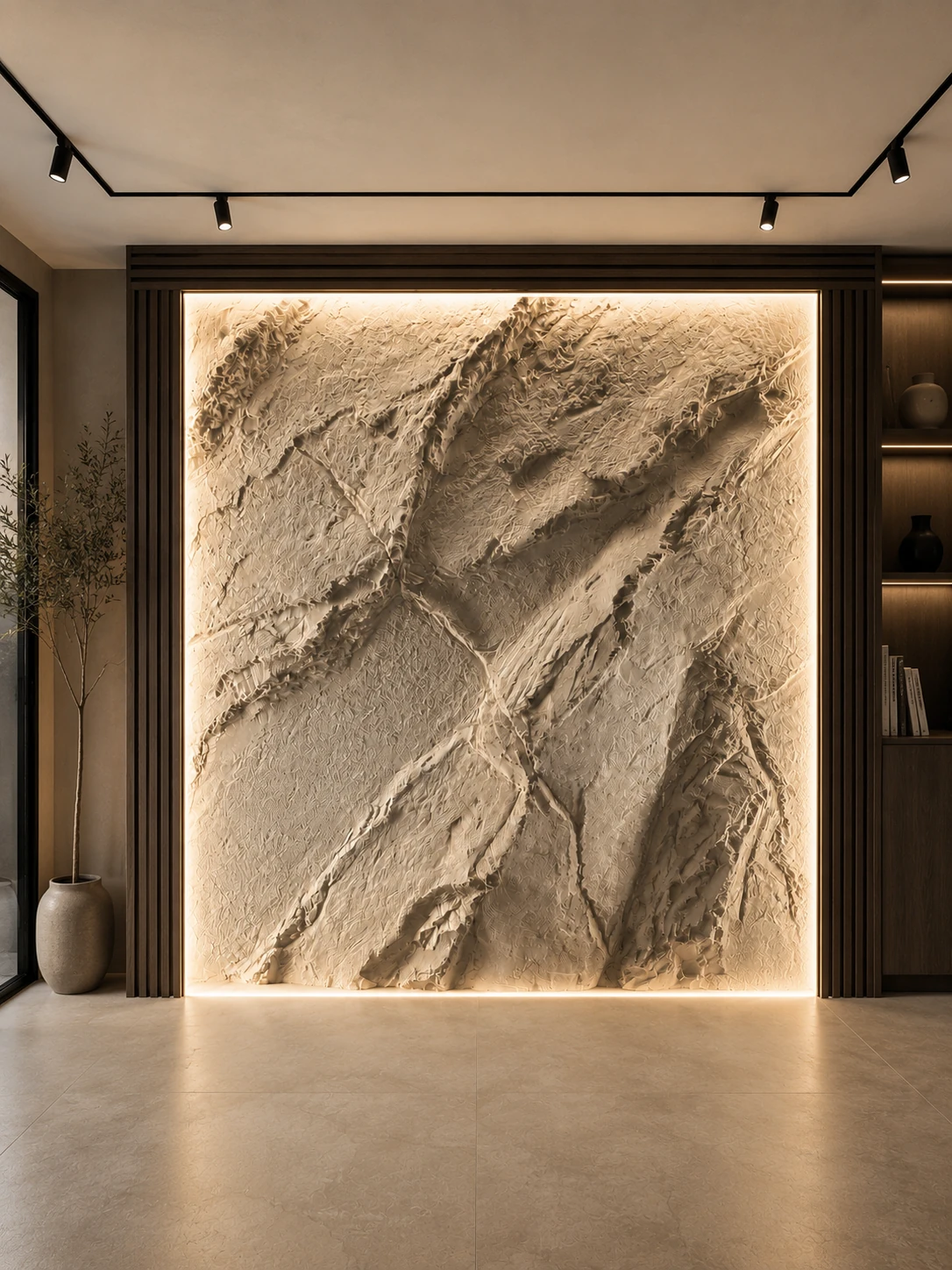 Roca decorativa clara con relieve e iluminación integrada
