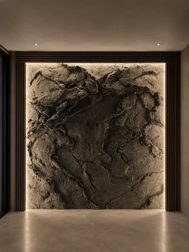 Roca decorativa oscura con relieve e iluminación integrada