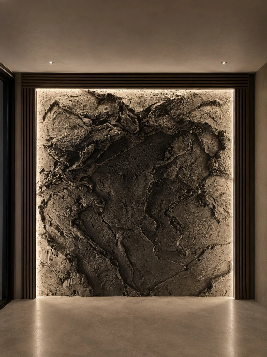 Roca decorativa oscura con relieve e iluminación integrada
