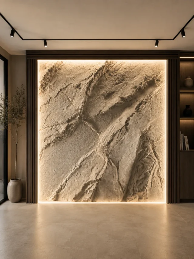Roca decorativa clara con relieve e iluminación integrada